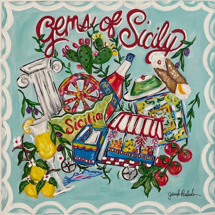 Colorful painting titled “Gems of Sicily” by Jennifer Serio Psalmonds Art, featuring cannoli, lemons, tomatoes, ceramics, and Sicilian icons—created for Dara and Santi’s Sicily-based tour company.