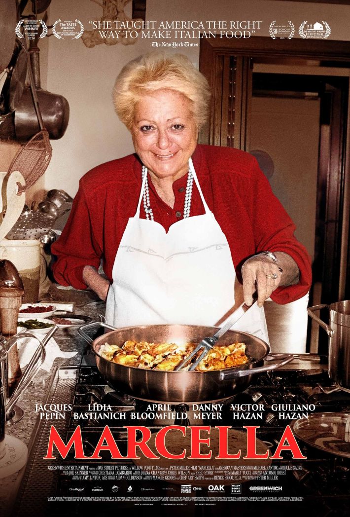 Promotional poster for the Marcella documentary showing her smiling over a skillet.