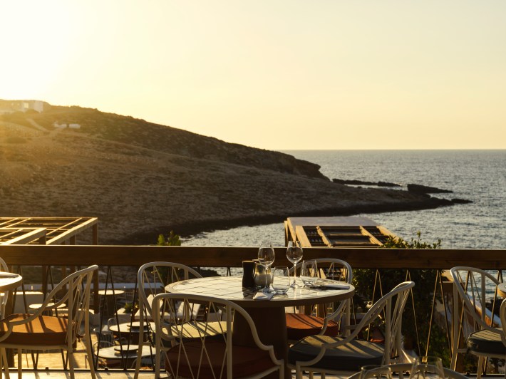 The breakfast terrace at Olvo restaurant overlooking Parasporos Beach.