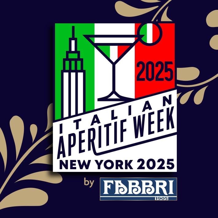 Italian Aperitif Week Logo with New York building, martini glass, and New York 2025.