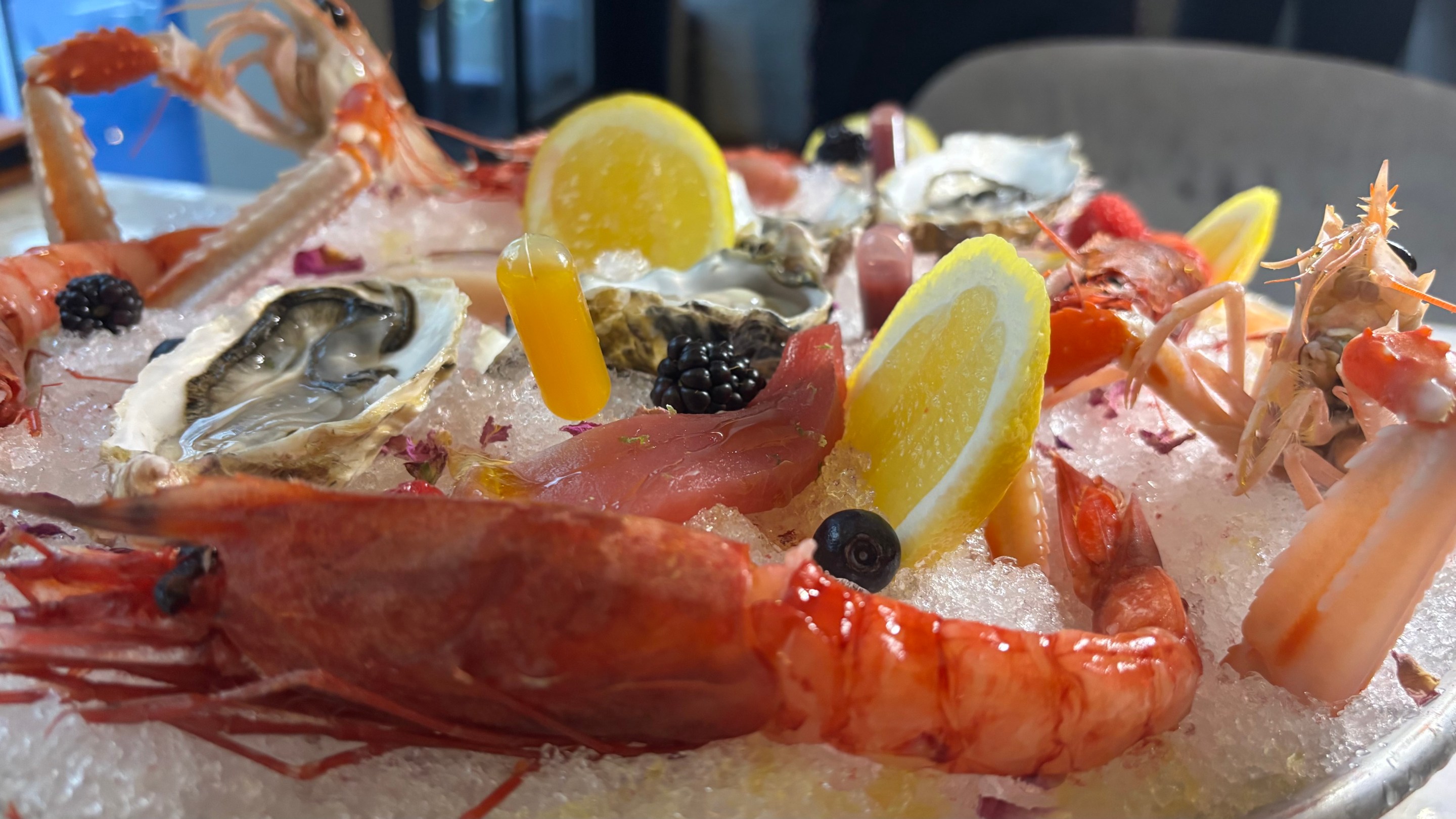 Seafood platter with shrimp, oysters, and tuna at Amo