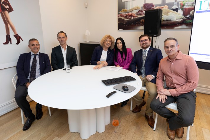 The ITA Talks "Grand Finale" featured the ITA Food & Wine team (Raimondo Lucariello, far left; Mirella Menglide, center left; Angelo Di Nardo, center right; Erik Beuttenmuller, second from right), Ezio Burani of QNY Creative (second from the left) and Appetito's Andrew Cotto (far right).