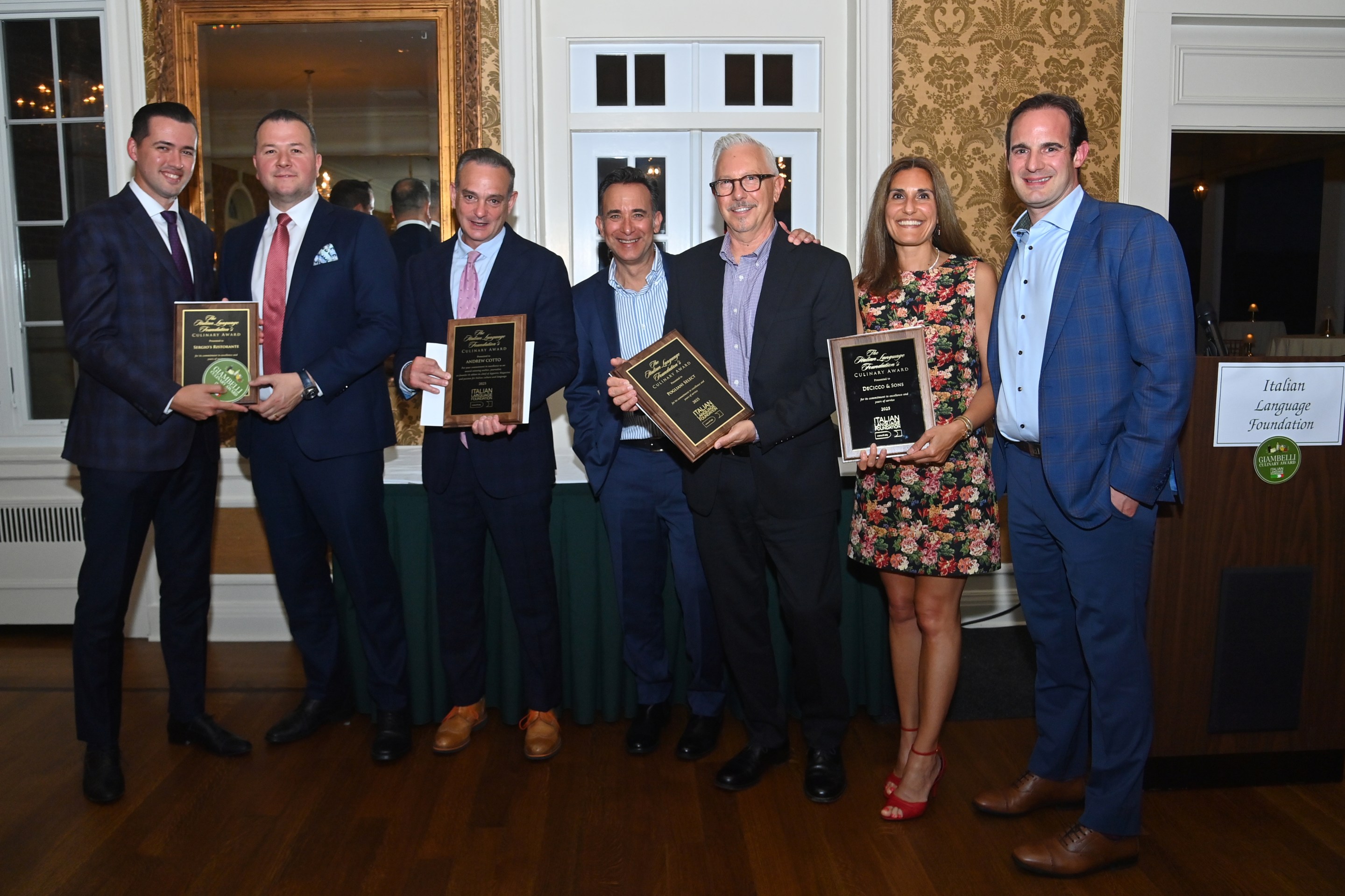 Pictured (from left to right) are the 2025 Giambelli Culinary Award recipients on hand at the Italian Language Foundation gala: Alban and Etnik Gashi, Sergio's Ristorante (Pelham, NY); Andrew Cotto, Author and Co-founder of Appetito Magazine; Mike Fish and Walter Pogliani of Pogliani Select; Luisa and John DeCicco Jr. of DeCicco & Sons.