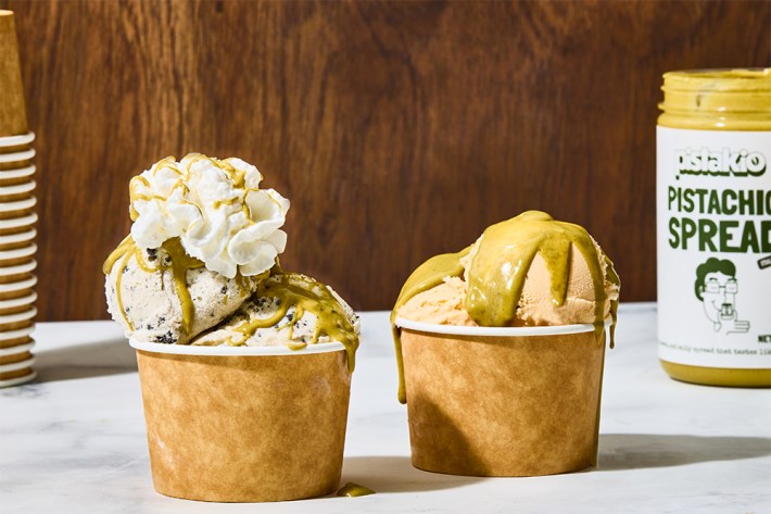 Pistakio spread as a gelato topping.