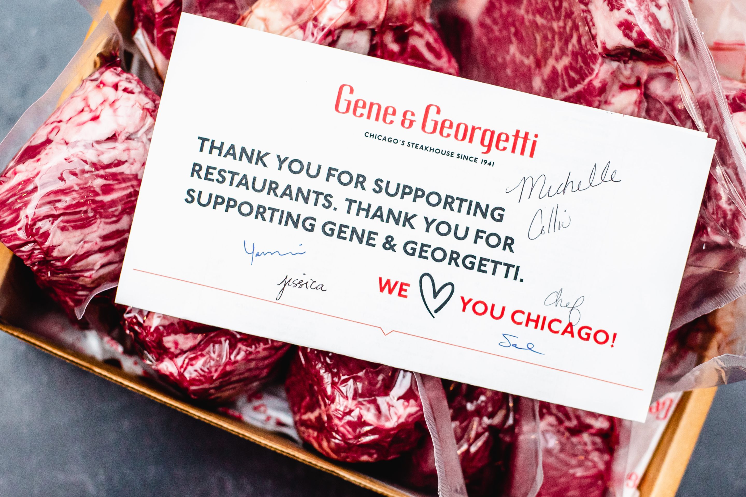 Vacuum-sealed steaks from Gene & Georgetti with a handwritten thank you note