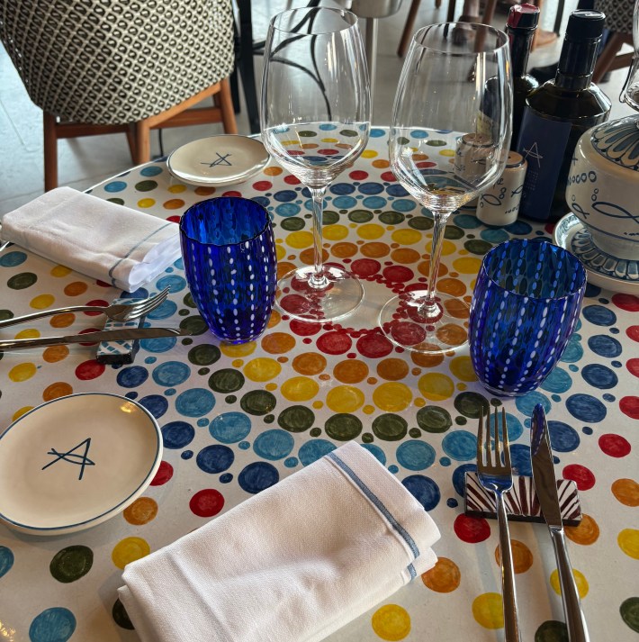 Colorful polka dot table with wine glasses and blue tumblers at a Taormina restaurant