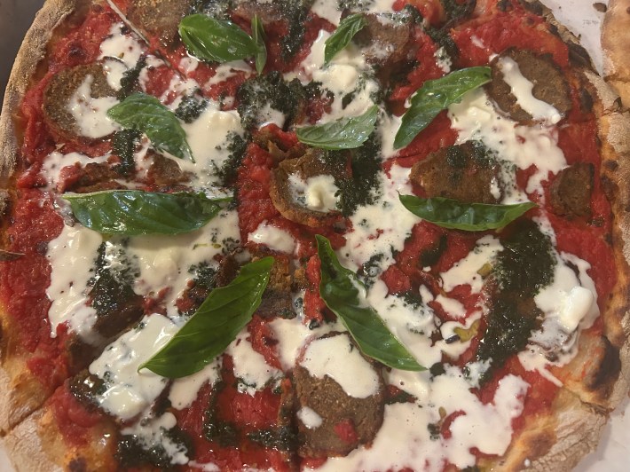 The Basil Burrata Pie (with meatballs) at Sally's Apizza in New Haven, CT.