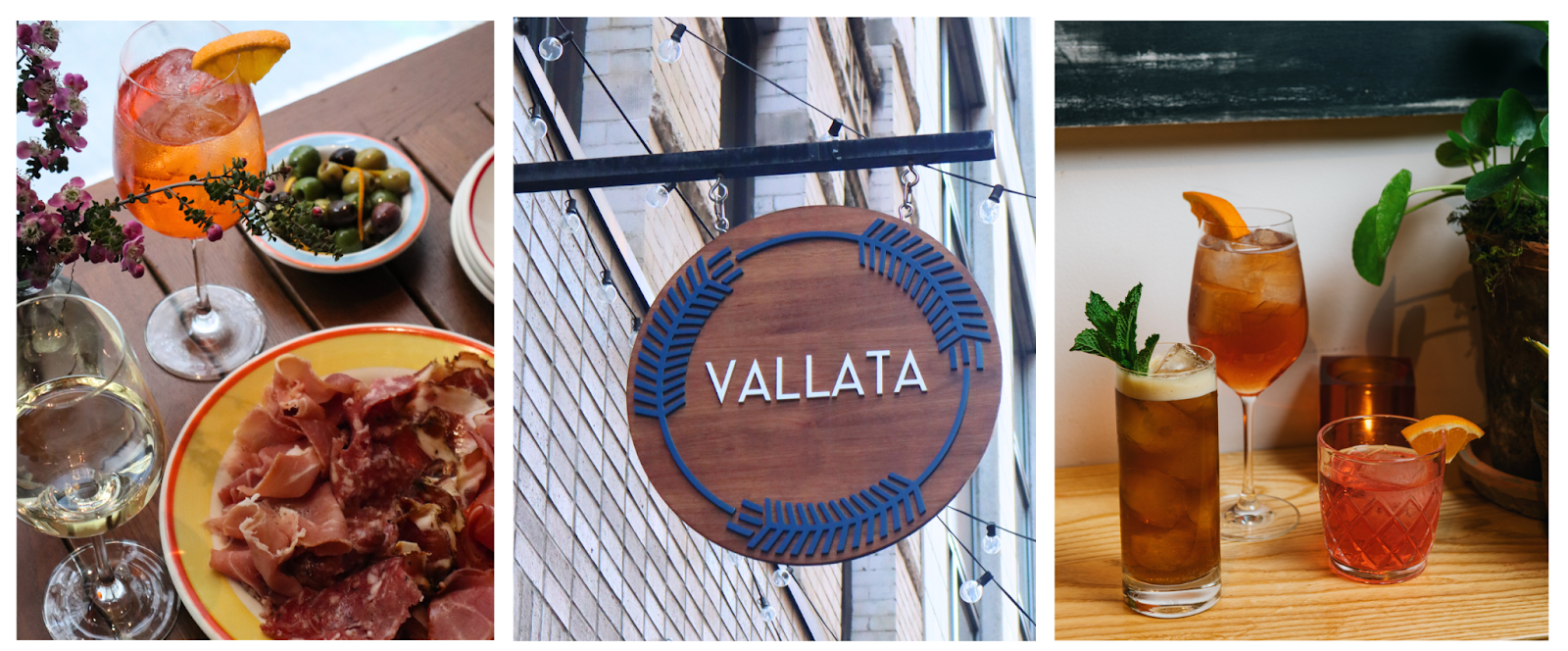 Three-panel collage showing Italian cocktails and snacks at Vallata, the restaurant’s exterior sign, and a trio of cocktails on a wooden bar