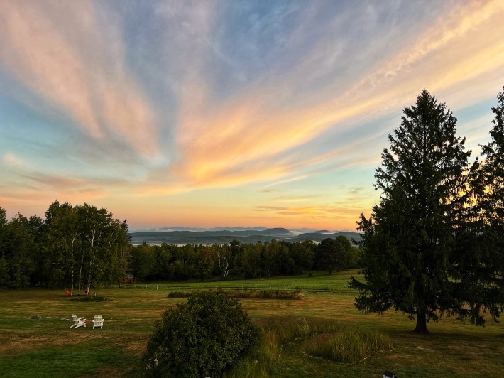 Expansive lawn with Adirondack chairs and tree-lined horizon