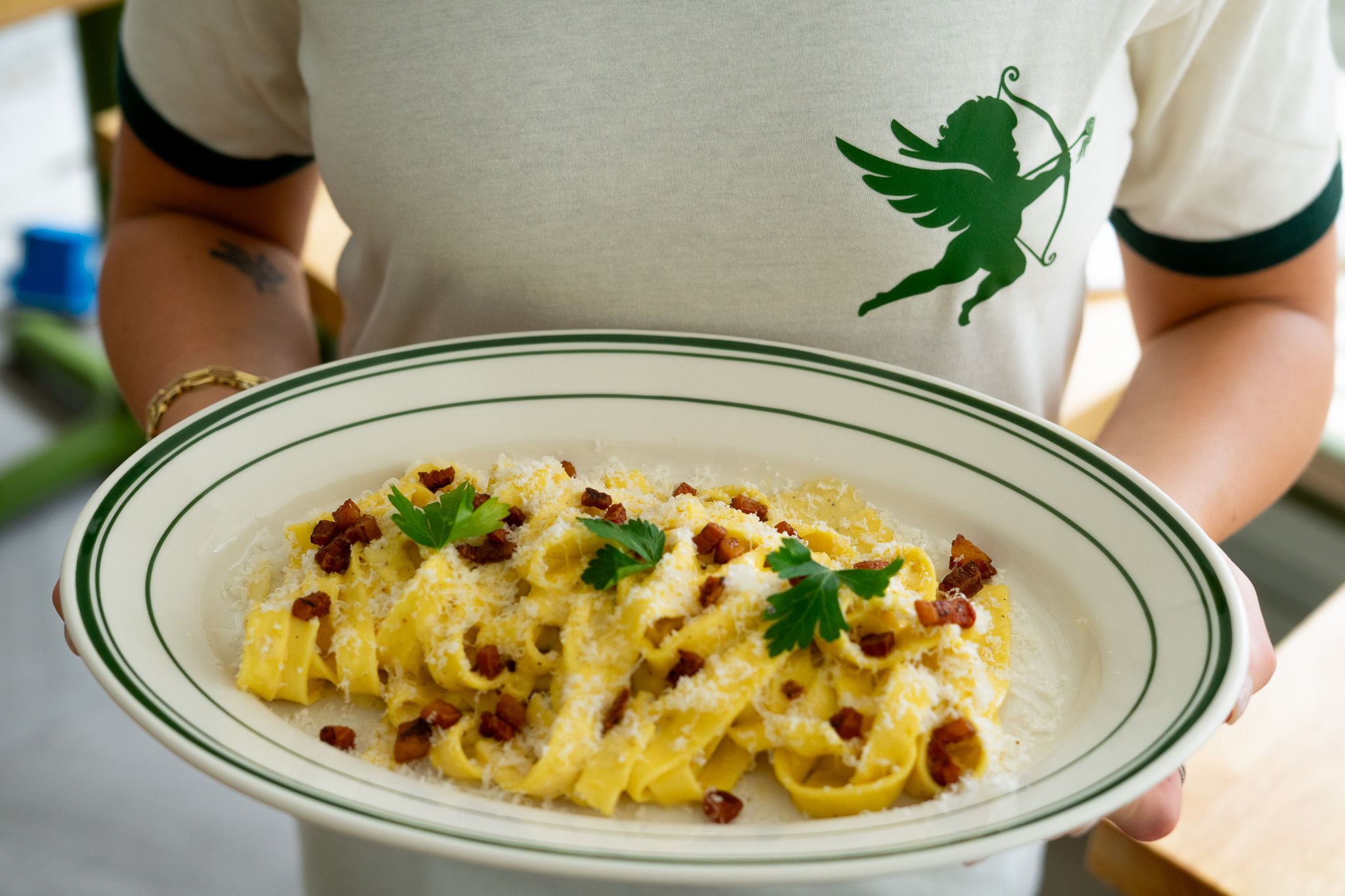 Plate of fettuccine carbonara at Pasta & Juliet