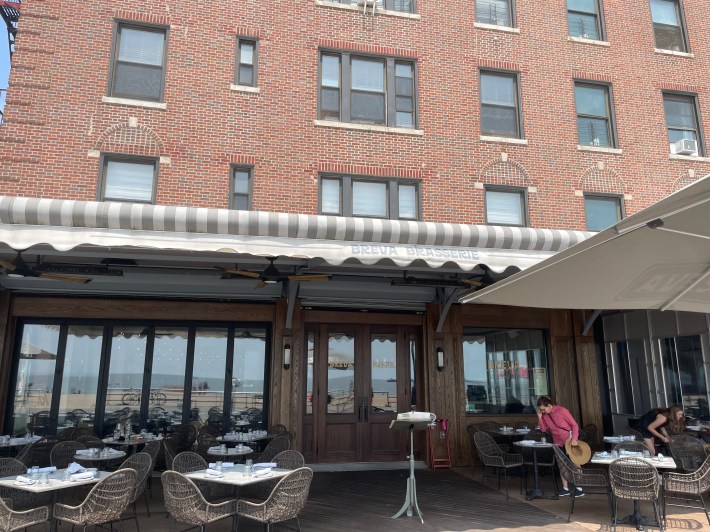 The oceanfront exterior of Breva in Brighton Beach, Brooklyn.