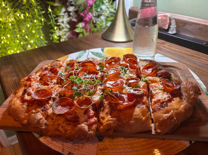 A fresh baked pizza at Talluci's Bakery.
