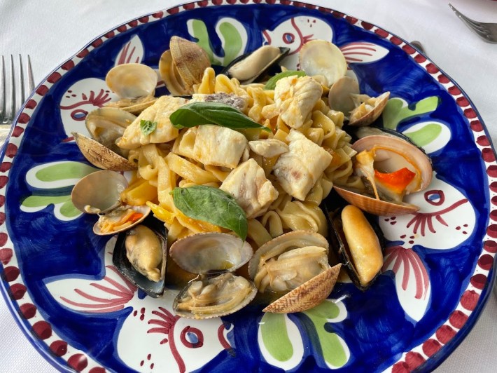 A typical seafood dish found at the beach restaurants outside of Rome.