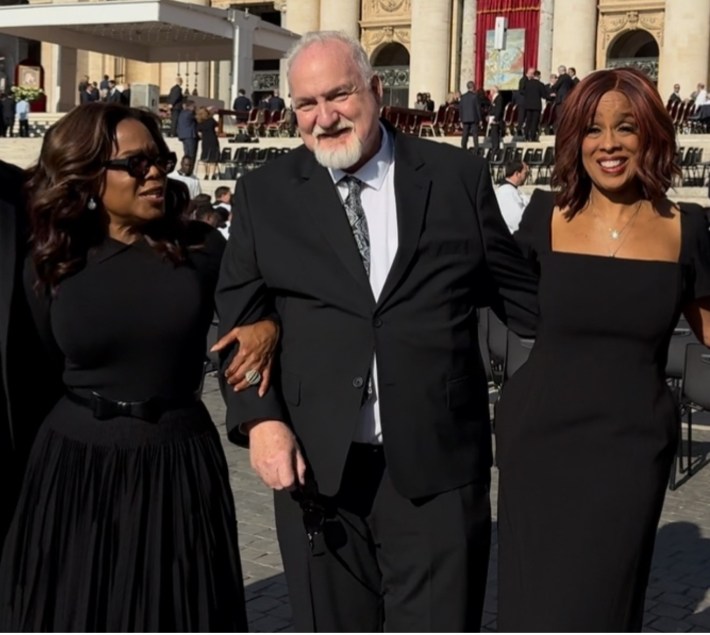 Chef Art Smith standing with Oprah Winfrey and Gayle King at Borgo Laudato Si’ inauguration.