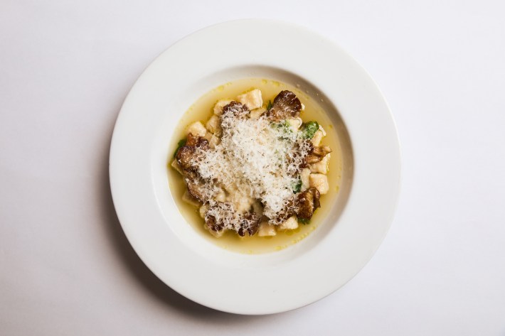 Bowl of passatelli pasta in rich broth with mushrooms and parmesan rind.