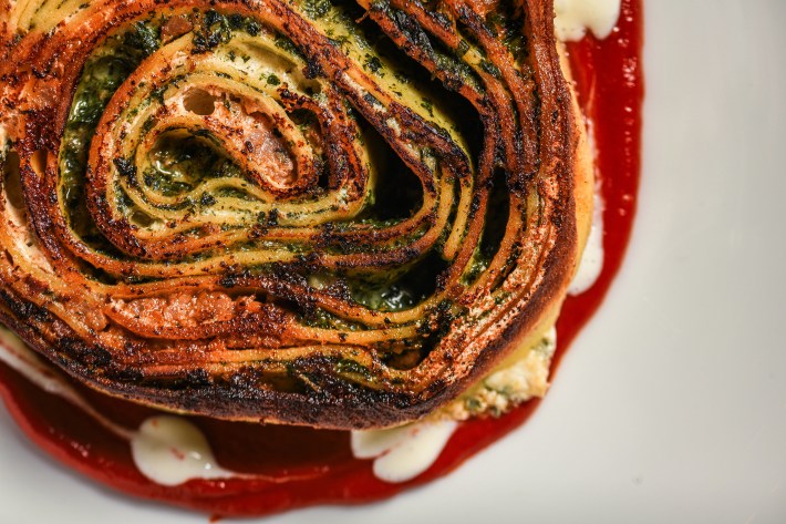 Griddled lasagna with pesto and tomato at Acqua Bistecca