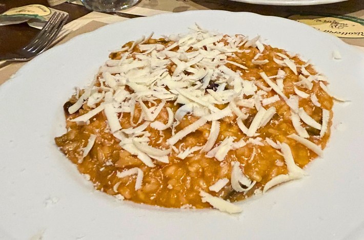 Risotto from Risotteria Melotti, topped with cheese in a white plate.