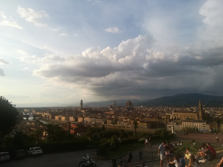 Panoramic view of Florence with the Duomo and Arno River at sunset