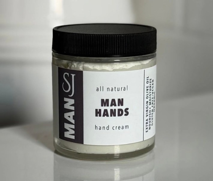 Susan Julia Olive Oil “Man Hands” all-natural hand cream jar on counter