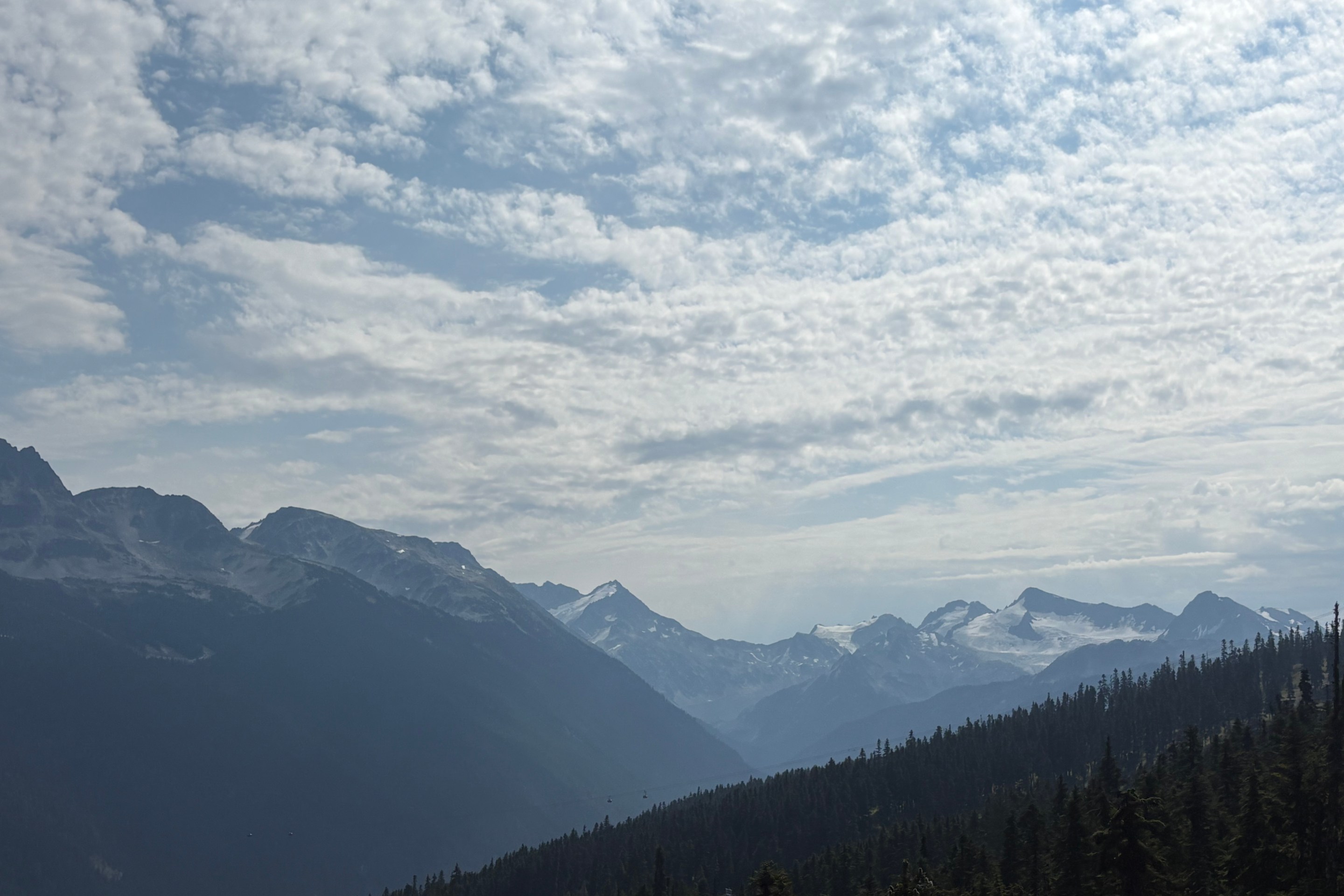 Mountain range view of Whistler and Blackcomb under a partly cloudy sky.