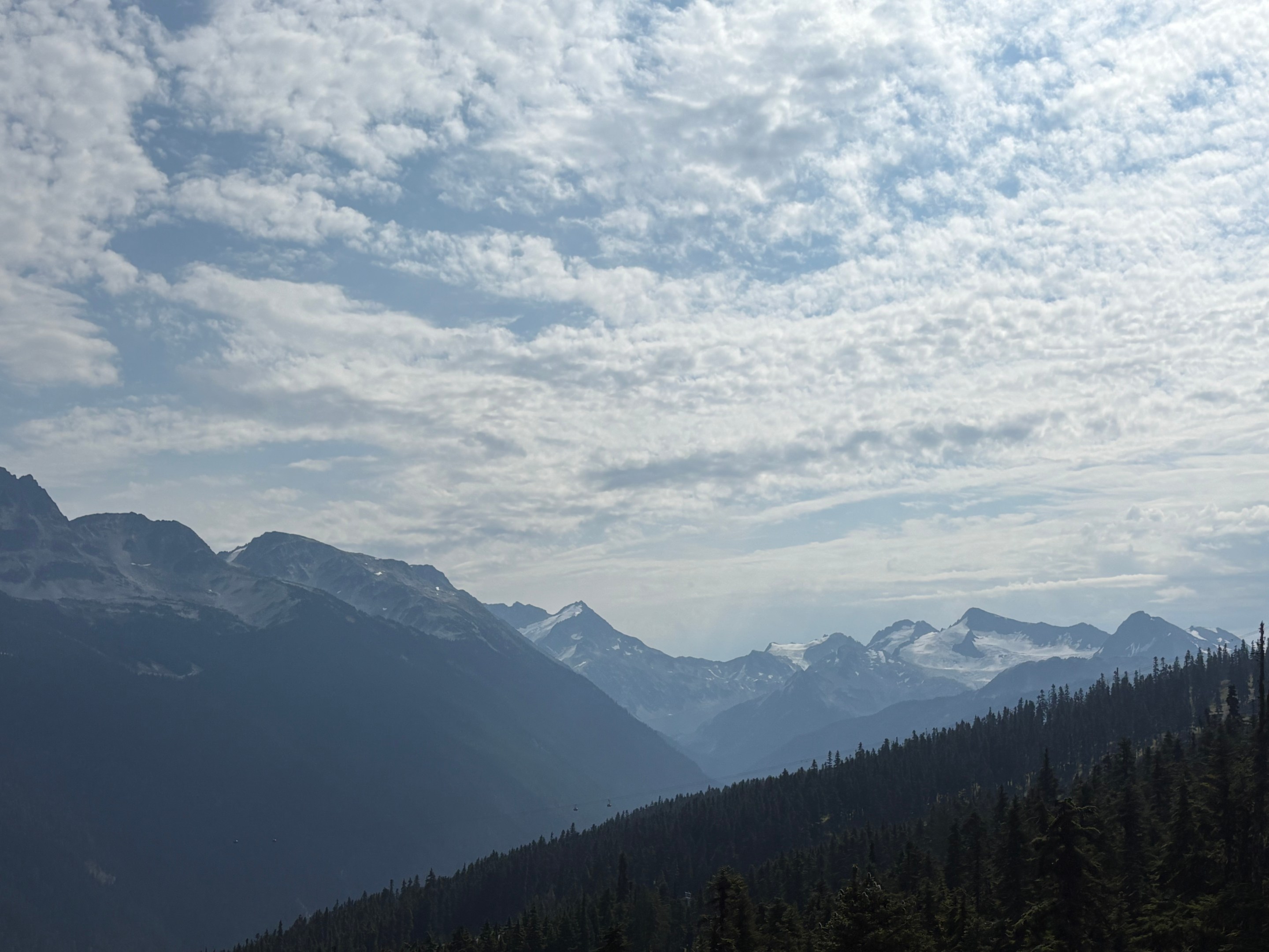 Mountain range view of Whistler and Blackcomb under a partly cloudy sky.