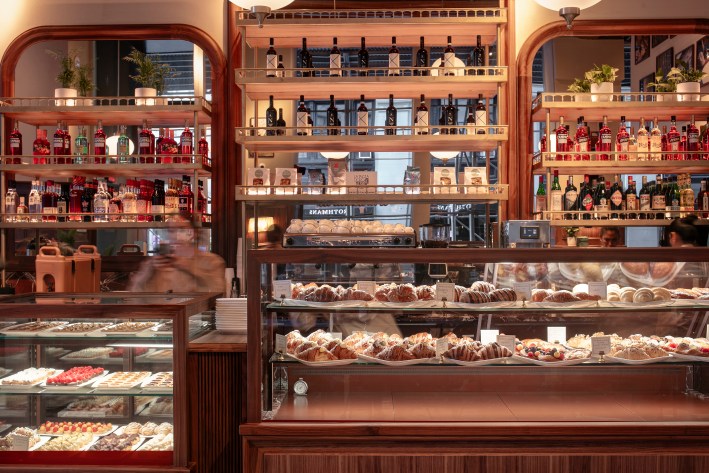 Pastries lined on shelves at La Tazza D'Oro