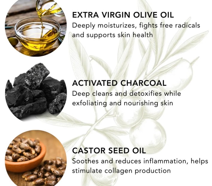 Graphic showing extra virgin olive oil, activated charcoal, and castor seed oil with skincare benefits