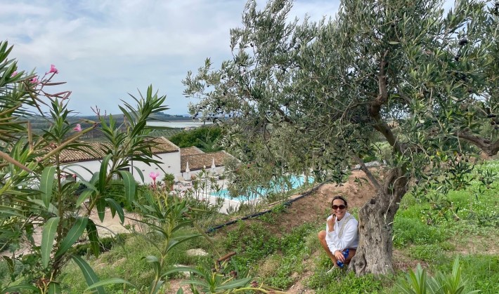 Susan Julia sitting beneath an olive tree overlooking a countryside villa