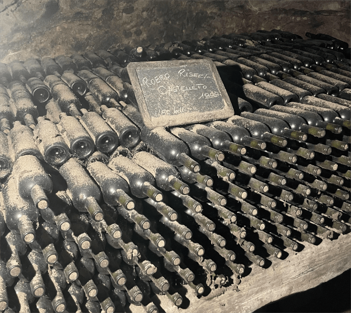 Aged bottles of Roero Rosso Riserva at Azienda Agricola Malabaila.