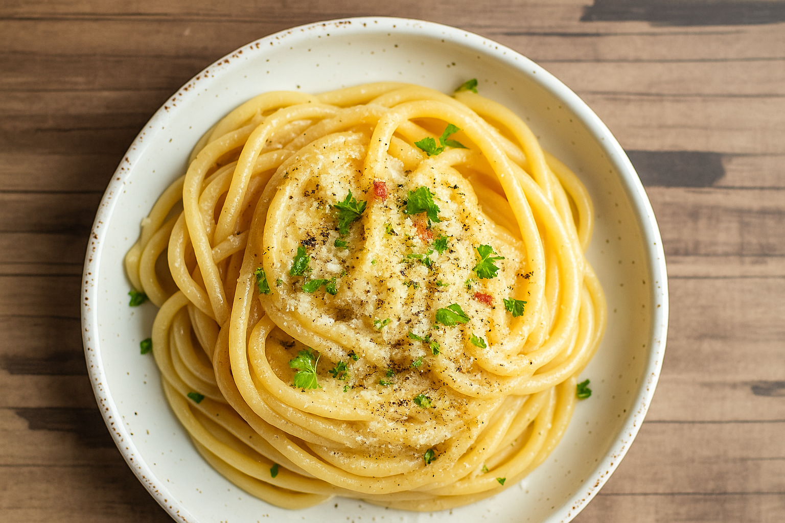 Creamy bucatini cacio e pepe topped with pecorino and parsley