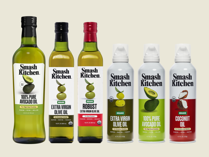 Smash Kitchen’s new organic olive, avocado, and coconut oils arranged side by side.