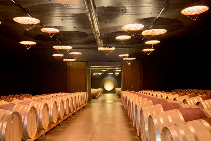 Rows of oak barrels at Pieropan winery, lit under modern golden lights.