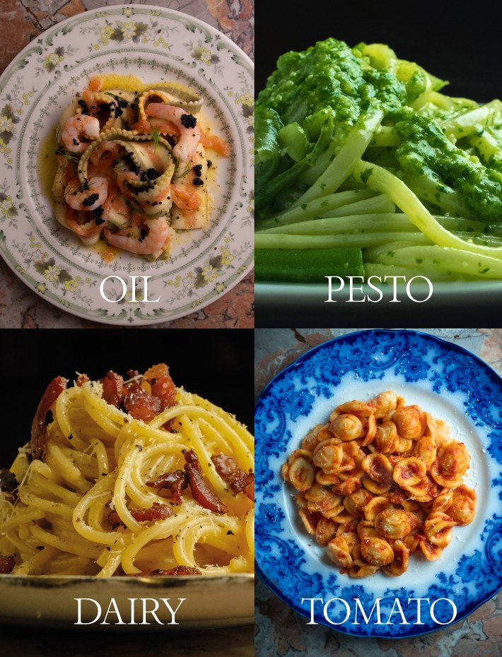 The four types of sauces for pastas as explored in the "Pasta & Magic" series.