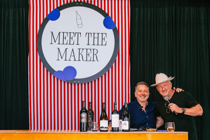 Anthony Giglio and Tim Love on stage during a Meet the Maker presentation at the Austin Food and Wine Festival.