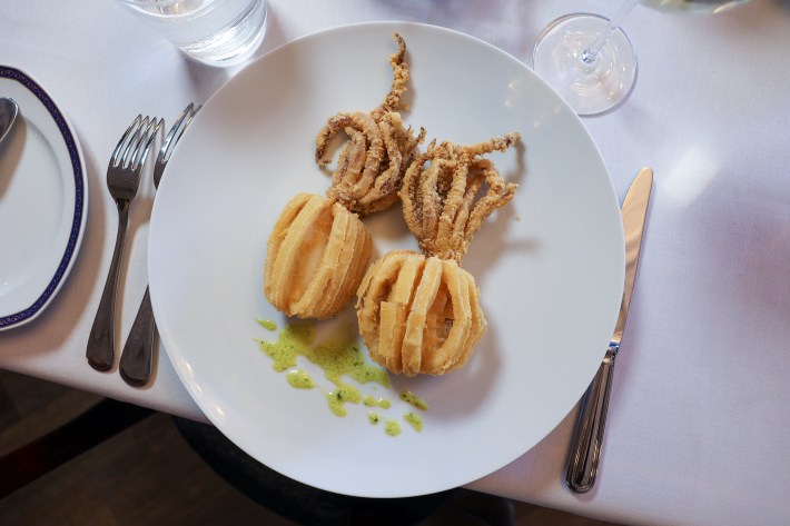 Fried calamari served with light green sauce on white plate at Vette Ristorante.