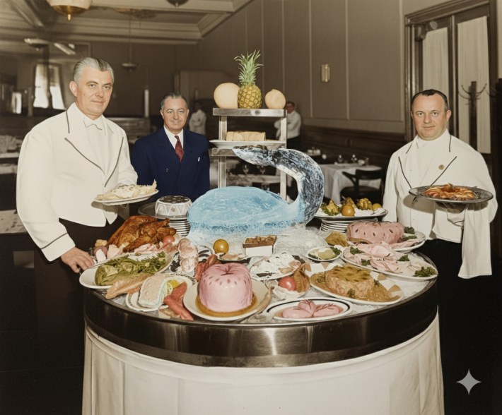 A mid-century banquet table showcasing aspic and classic cold dishes. Photo credit: Tucci Family Archives