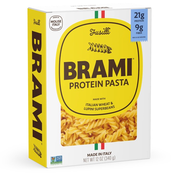 A bright yellow box of Brami fusilli protein pasta made with Italian wheat and lupini beans.