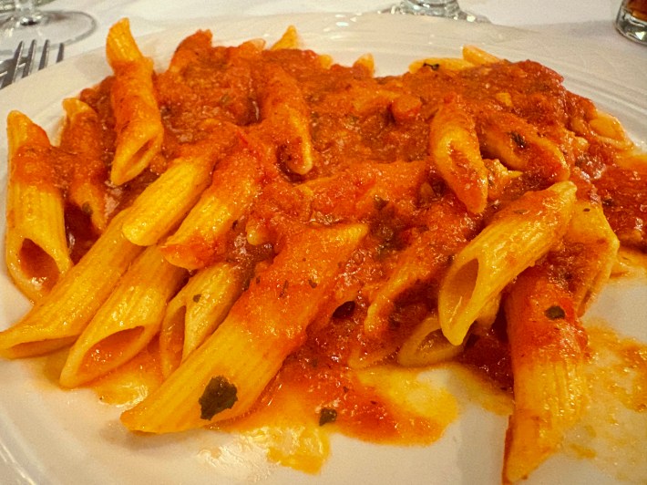 Plate of penne pasta with marinara sauce at Patsy’s Italian Restaurant.