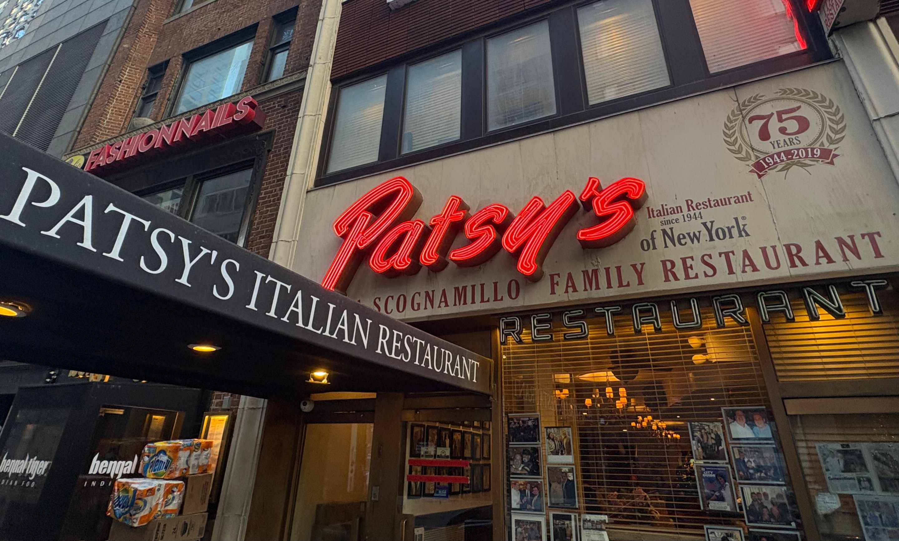 Exterior of Patsy’s Italian Restaurant on 57th Street in New York City.