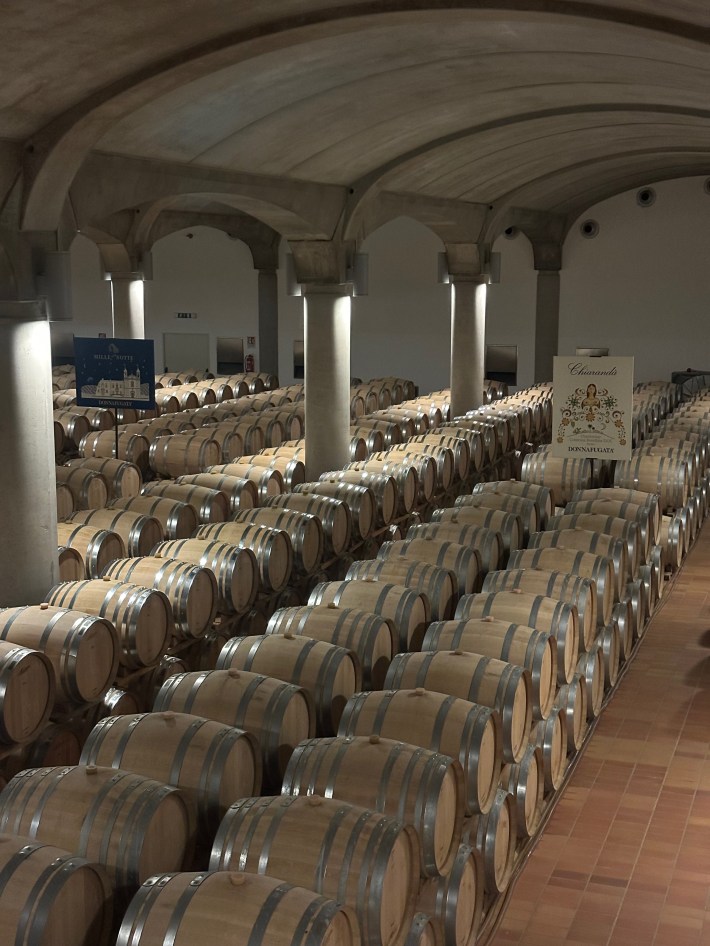 Rows of aging wine barrels inside the vaulted historic Donnafugata cellar in Marsala.