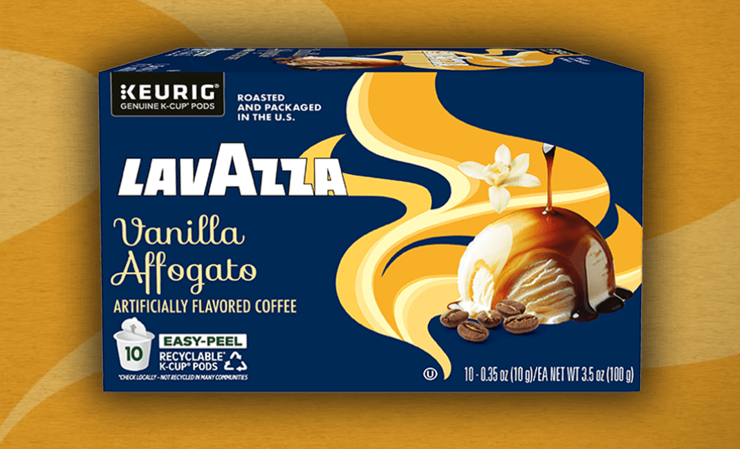 Lavazza Vanilla Affogato K-Cup coffee box with swirls of vanilla and espresso art.