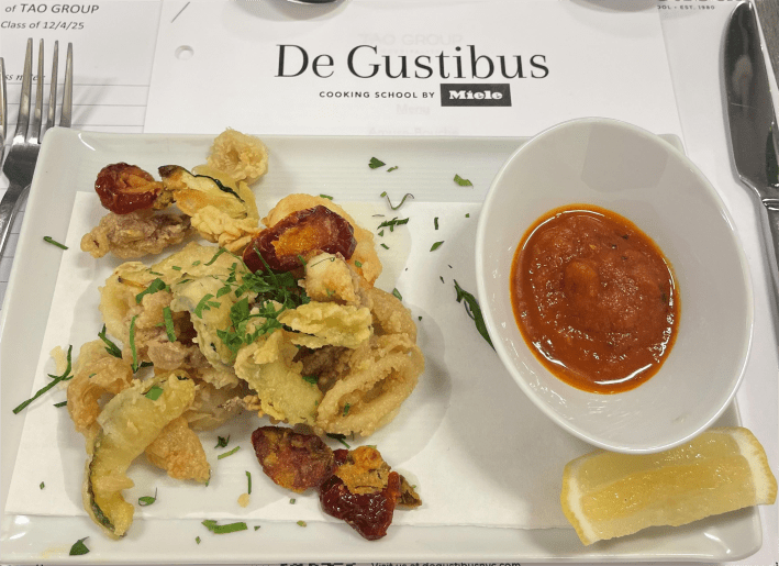 Fritto Misto prepared and served during the Feast of Seven Fishes event at De Gustibus Cooking School.