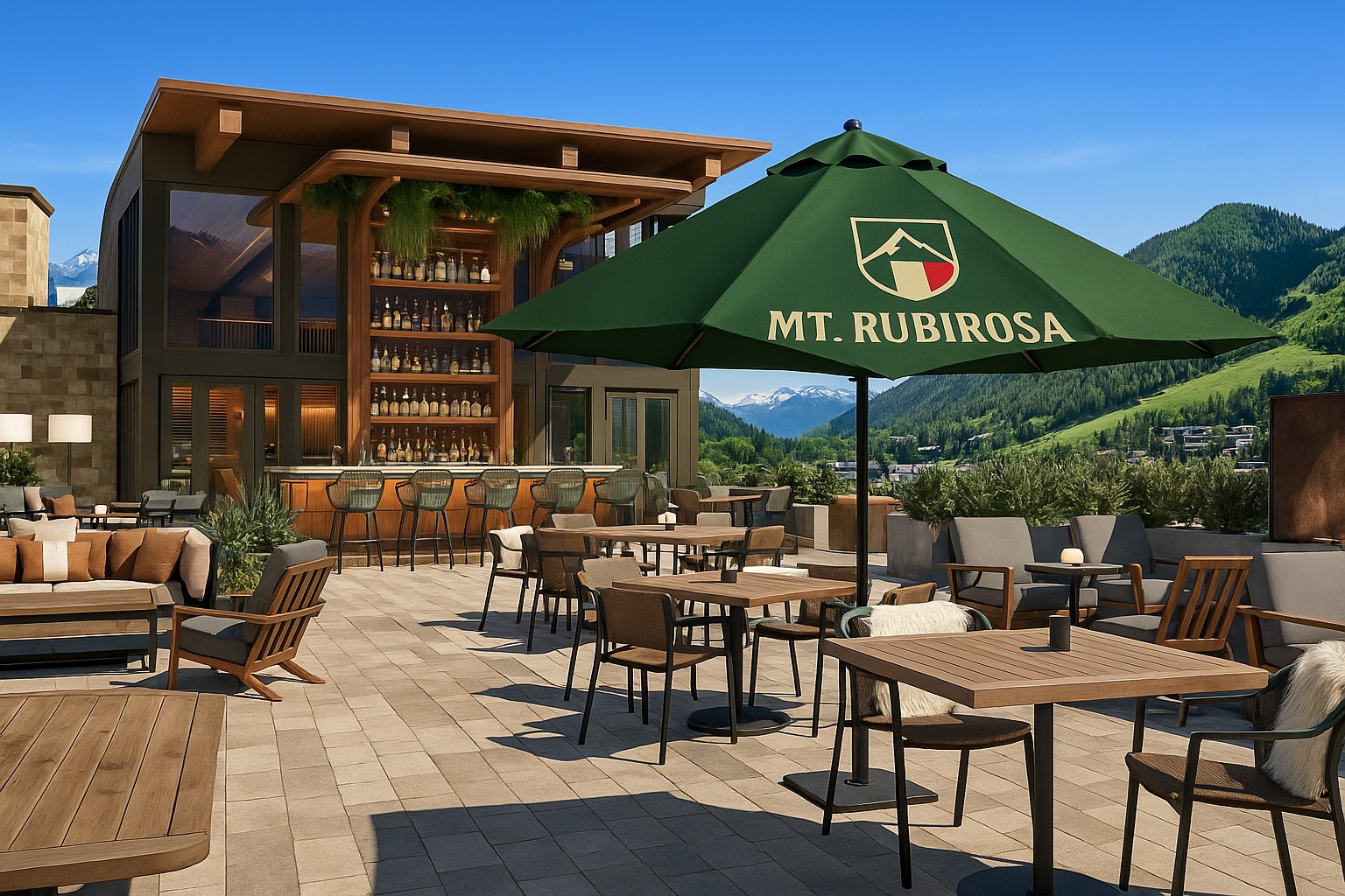 A sunlit patio with heaters and plenty of seating for aperitivo hour. Image Credit: Mt. Rubirosa