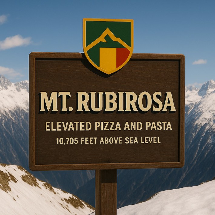 Mt. Rubirosa sign reading “Elevated Pizza and Pasta” set against snowy mountain peaks at high elevation.