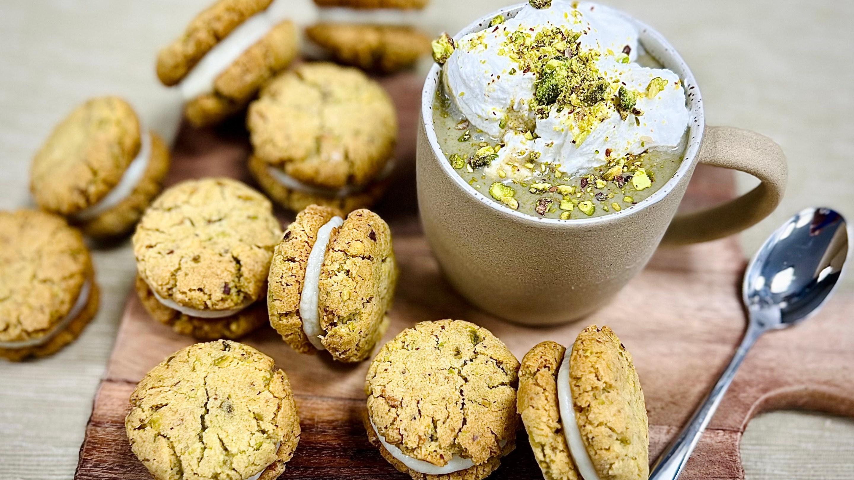 Pistachio hot chocolate with whipped cream and chopped pistachios served with pistachio cookies filled with white chocolate ganache.