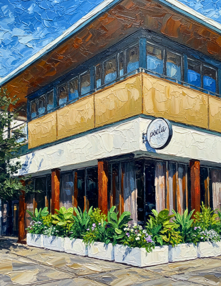 Exterior rendering of Poeta at the East Austin Hotel with architectural details and greenery. Courtesy of Poeta