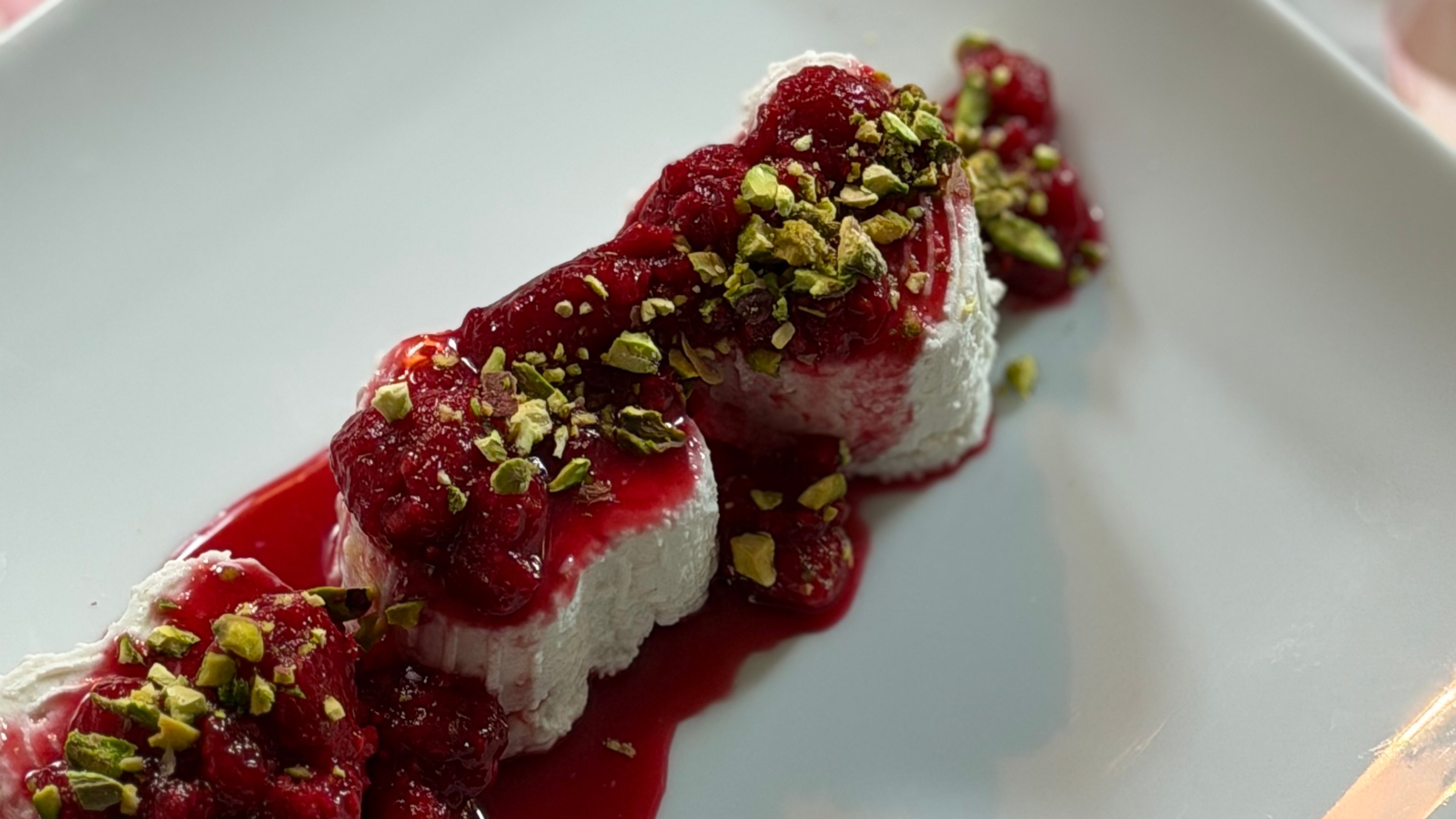 Fresh Ricotta Hearts with Raspberry–Rose Compote & Salty Pistachios.