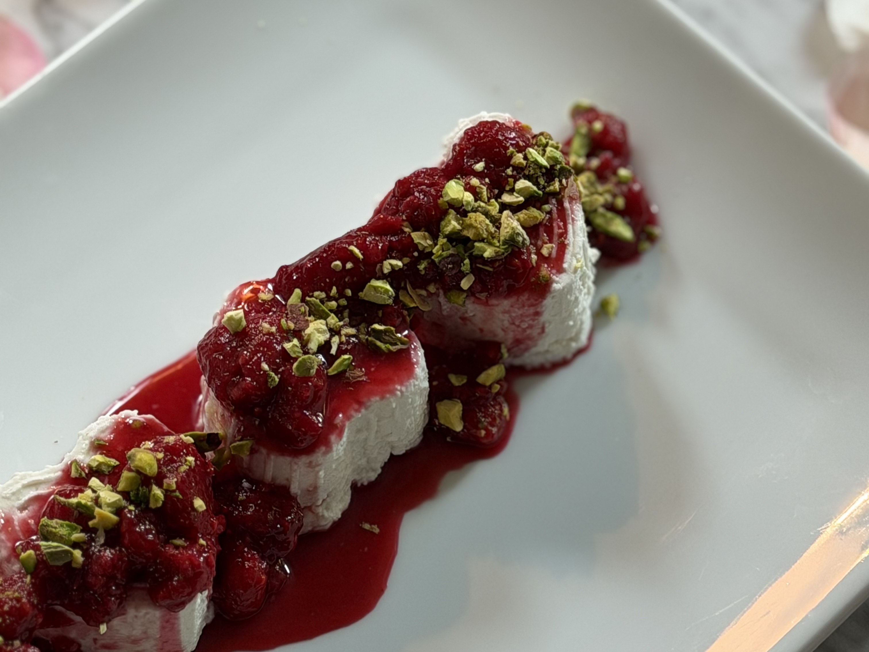 Fresh Ricotta Hearts with Raspberry–Rose Compote & Salty Pistachios.