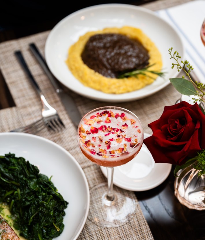 The Rose Kiss cocktail paired with classic Italian dishes at Mozzarella & Vino.