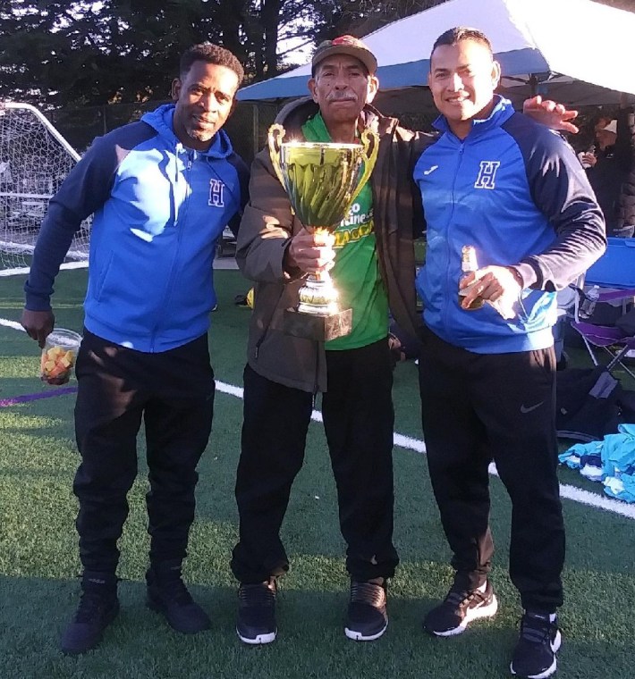 Donaldo, known in the local soccer community as “Papi Futbol,” with friends after a weekend match in San Francisco.